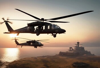'hawk black helicopters boundless military sunrise fly 3d sea rendering helicopter slow army aircraft chopper force air war flight transportation armed attack aviation rotor'