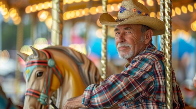 A man wearing a cowboy hat and plaid shirt leans back against a carousel horse taking a break from the merrygoround and enjoying the . .