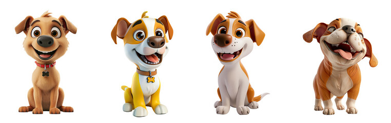 Set of 3D cute happy cartoon dog, isolated on white background, png