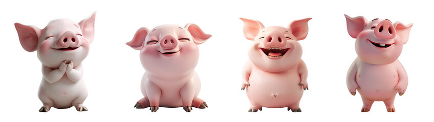 Set of 3D cute happy cartoon pig, isolated on white background, png
