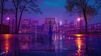 basketball, epic pose, yellow and purple, basketball court, city background, 8k resolution, basketball game 