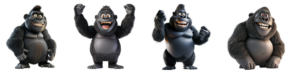 Set of 3D cute happy cartoon gorilla, isolated on white background, png