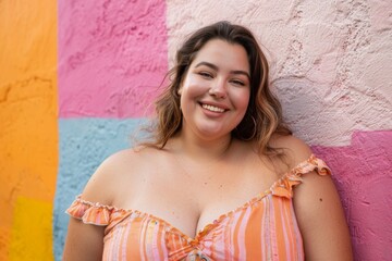 Fototapeta premium Smiling plus size woman against a colorful wall