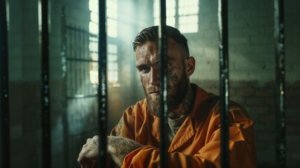 Caucasian male prisoner in a jail cell with big iron bars