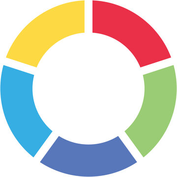 Separate doughnut graph pie charts icon with 5 colorful parts. Morden flat design vector circular diagram or infographic illustration for logo button banner app ui ux web isolated on white background