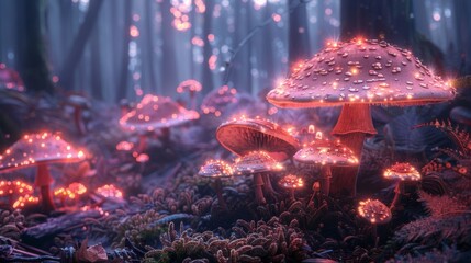 A dark mysterious forest filled with glowing mushrooms and enchanting creatures alluding to the mythical realm of the subconscious mind.