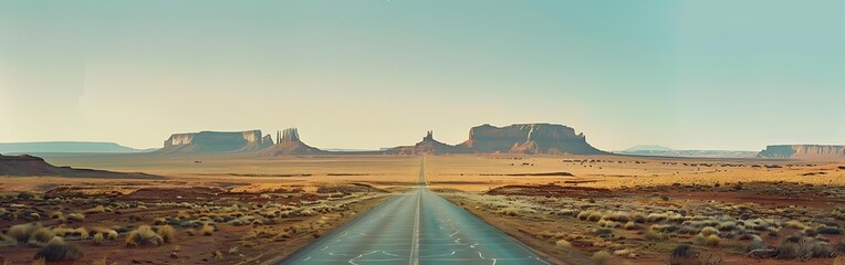 A long road leading to the desert with rock formations in it, with a blue sky. The mountainous land of wash and monument valley