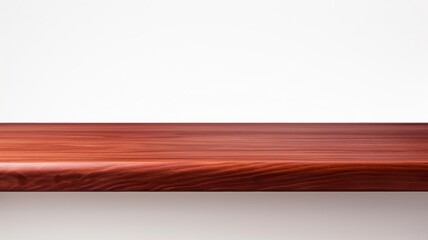 a polished wooden surface, whether it's a shelf, desk, display, or board, showcased in a pristine front view against a minimalist white backdrop.