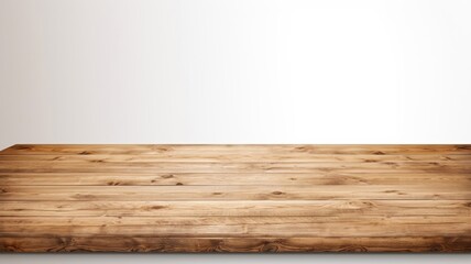 a polished wooden surface, whether it's a shelf, desk, display, or board, showcased in a pristine front view against a minimalist white backdrop.