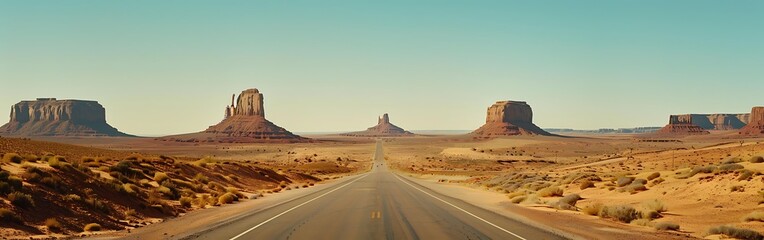 A long road leading to the desert with rock formations in it, with a blue sky. The mountainous land of wash and monument valley
