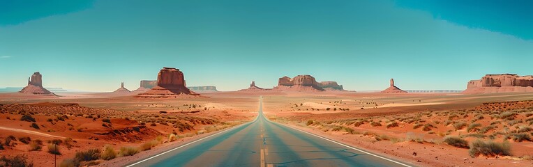 A long road leading to the desert with rock formations in it, with a blue sky. The mountainous land...