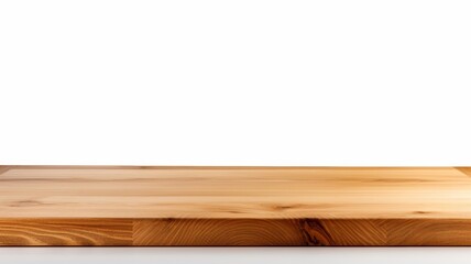a polished wooden surface, whether it's a shelf, desk, display, or board, showcased in a pristine front view against a minimalist white backdrop.