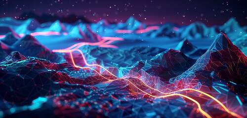 A digital landscape where neon pathways intersect with low poly terrains, illustrating the network of future societies - obrazy, fototapety, plakaty