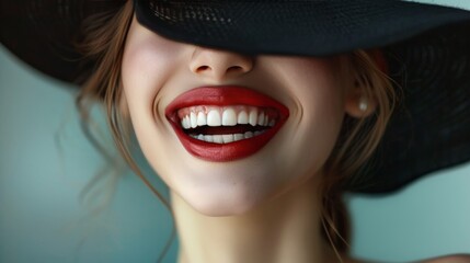 A dynamic composition where a model's laughter breaks through the elegance, the movement causing her black hat to tilt whimsically, her sparkling eyes 