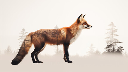 Double Exposure, white background, side view of a Red Fox in front of a forest ~ Created using Generative AI