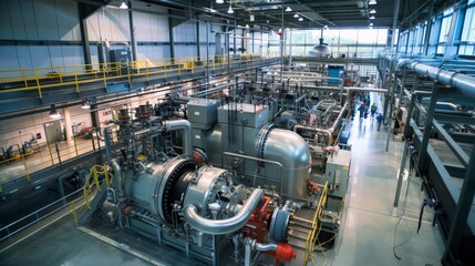 A dynamic scene inside a renewable energy facility, where engineers oversee the transformation of natural forces into sustainable power