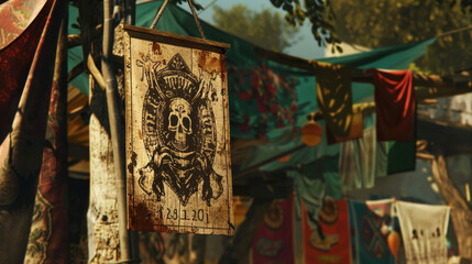 A weathered wooden sign hangs above a dusty roadside fortune tellers tent depicting a tarot card of the Death tarot ominous and alluring. . - obrazy, fototapety, plakaty