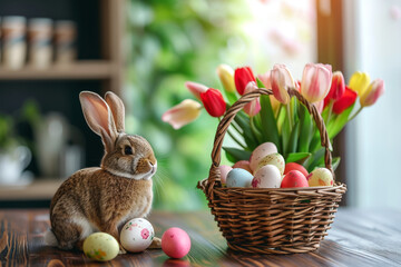 little rabbit with spring flowers