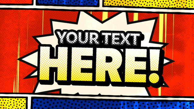 High Energy Comic Book Title Style 3 for Video Editing with Vibrant Colors and Large Custom Text and Fonts Options Overlayed with Looping Paper Texture and Halftone Dot Pattern and Speed Burst Lines