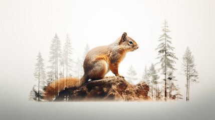 Double Exposure, white background, side view of a Chipmunk in front of a forest ~ Created using Generative AI
