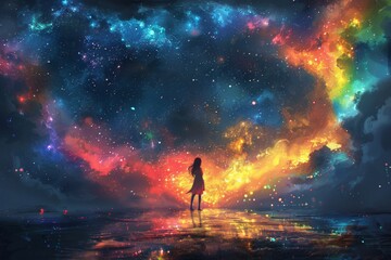 enchanting beauty of a digital watercolor graphic featuring a joyous teenage girl against the backdrop of a mesmerizing rainbow Milky Way sky, evoking a sense of dreamy
