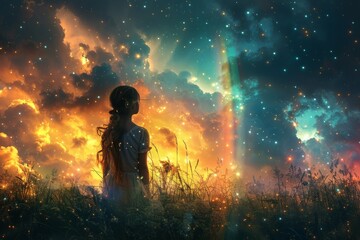 Fototapeta premium enchanting beauty of a digital watercolor graphic featuring a joyous teenage girl against the backdrop of a mesmerizing rainbow Milky Way sky, evoking a sense of dreamy