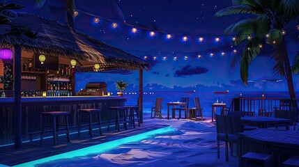 beach bar, outdoor, dance floor, light, blue light, cartoon art