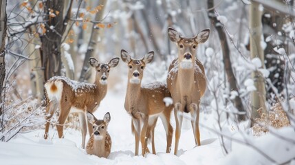 A family of deer huddled together under a canopy of snow-laden trees, their breath visible in the crisp winter air, embodying the quiet resilience of nature.