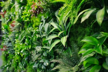 Various green plants on a vertical wall with moss and ferns