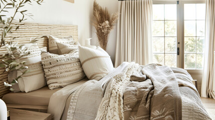 A bohemianinspired bedroom featuring a neutral color scheme of dusty browns faded greens and soft...