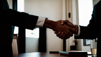 The image shows two people shaking hands over a table.