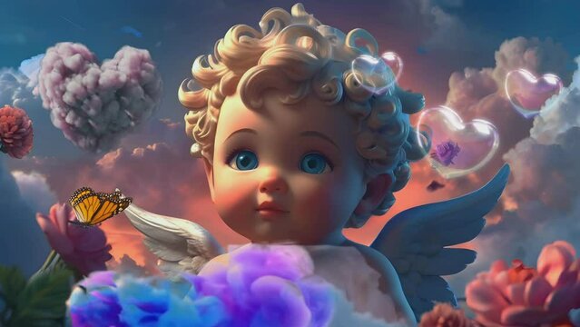 cute cupid baby with the beauty of paradise garden