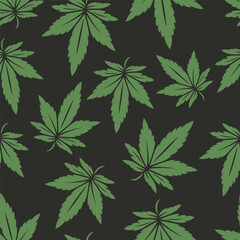 Vector Seamless Pattern with Flat Cannabis Leaves. Hemp, Cannabis Green Leaf on Black Background. Seamless Print with Medical Marijuana. Vector Illustration