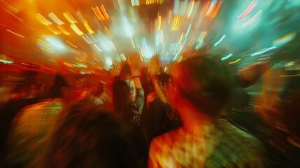 Defocused chaos of a punk concert with pulsing lights and energetic movements creating a blur in the background. .