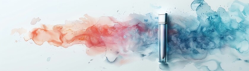 A blue and red watercolor painting with a white tube of paint in the center. - obrazy, fototapety, plakaty