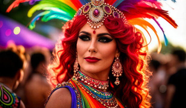 A close-up of a transvestite with bright red hair and makeup, wearing a colorful costume with feathers.