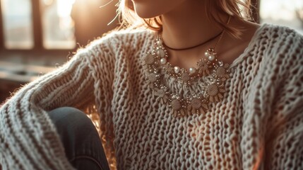 A closeup shot captures the details of a designers signature accessory a chunky statement necklace adorned with intricate beadwork. The photo also reveals her laidback yet sophisticated .