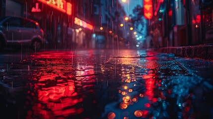 a rainy night in a city with a car and street lights reflecting in the wet pavement