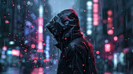 a man in a raincoat standing in the rain in the city at night