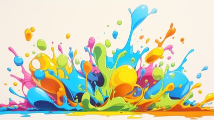 In a whimsical cartoon advertisement a splash of vibrant colors resembling a playful bacteria with a comical drop dripping down stands out against a pristine white backdrop