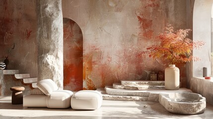 a living room with a white couch and a vase with flowers