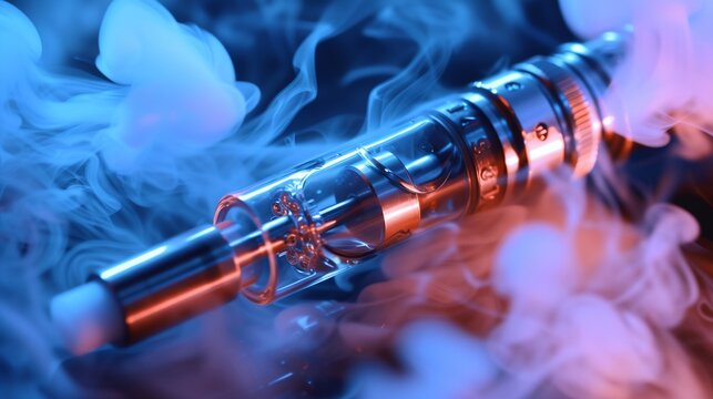 a close up of a vapor pen with smoke coming out of it and a blue background