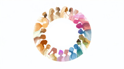 Circular array of diverse women silhouettes with colorful transparent layers.