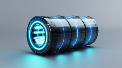 Futuristic blue-lit camera lens on a smooth surface, concept design.