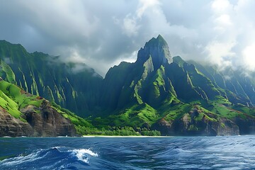 the rugged green mountains on Kauai from out at sea, with clouds and mist covering them. The ocean is deep blue. - Powered by Adobe
