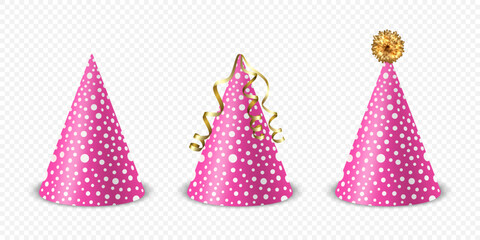 Vector 3d Realistic Pink and White Birthday Party Hat Icon Set Isolated. Party Cap Design Template for Party Banner, Greeting Card. Holiday Hats, Cone Shape, Front View