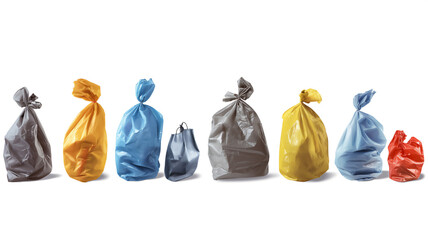 A row of colorful tied garbage bags isolated on a white background.