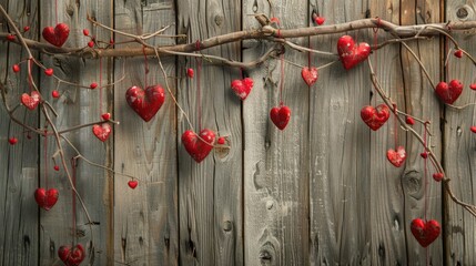 Celebrate the love filled occasion of Valentine s Day with a charming display of hearts set against a rustic wooden backdrop creating the perfect setting for a heartfelt Valentine s Day gre