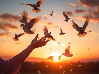 freedom with a silhouette pigeon gracefully returning to outstretched hands against a vibrant sunset background, embodying the concept of making merit.