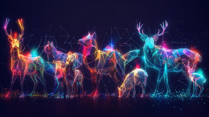 Low poly animals illuminated by neon light, representing the natural instincts of communication in a digital ecosystem - obrazy, fototapety, plakaty